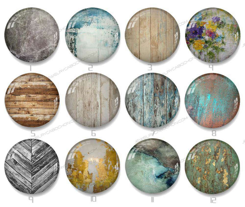 Handmade Round Photo Glass Cabochon geometric Wood grain 1331B