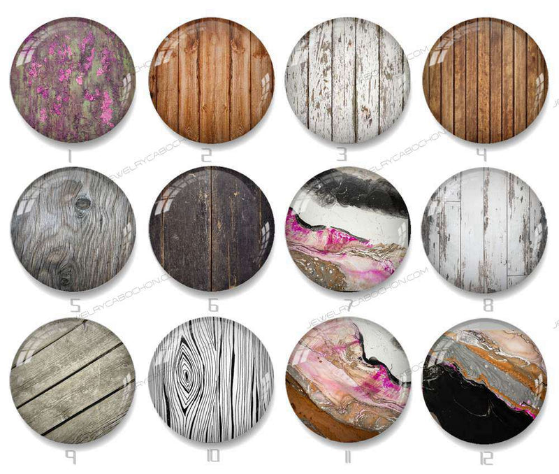 Handmade Round Photo Glass Cabochon geometric Wood grain 1332B