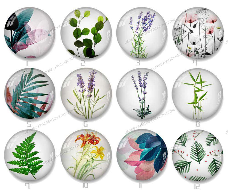 Handmade Round Photo Glass Cabochon Leaves 1382B