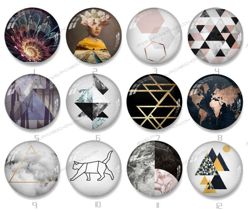 Handmade Round Photo Glass Cabochon geometric Pattern 1406B