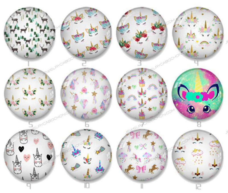 Handmade Round Photo Glass Cabochon unicorn 1431-B