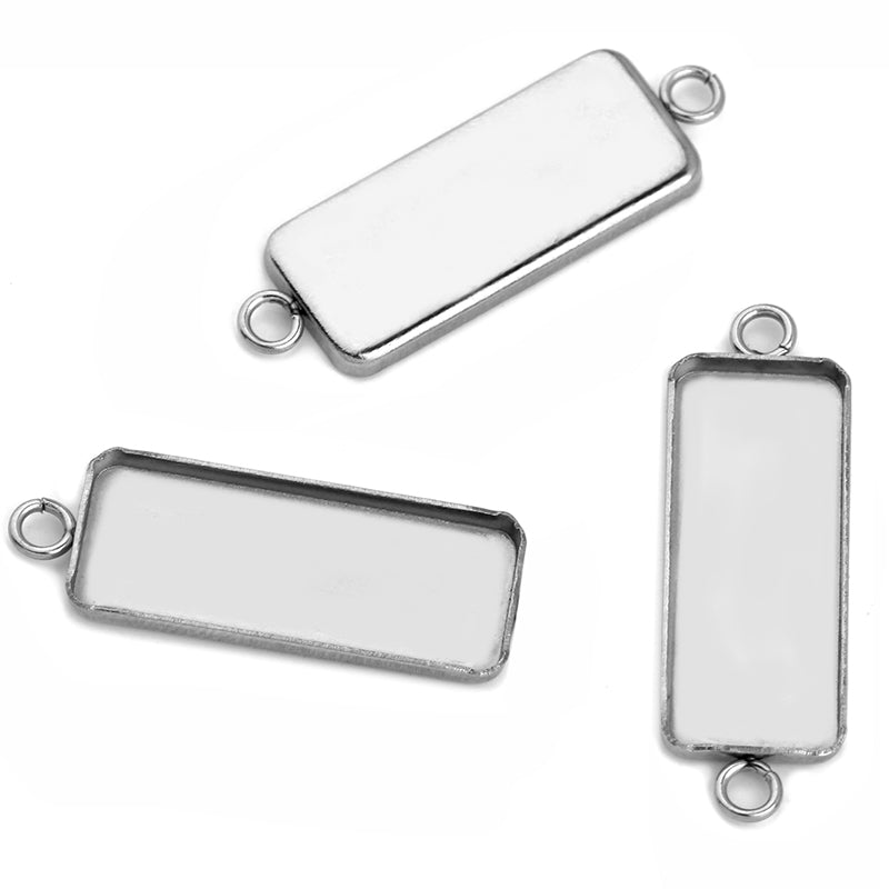 20pcs Rectangle 10x25mm Two circle rings stainless steel tooth pendant blank Settings,Bezel Pendant base trays