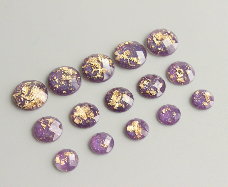 20pcs  8mm 10mm 12mm purple Gold foil Faux Druzy Resin Cabochons, Glitter Resin Cabochons