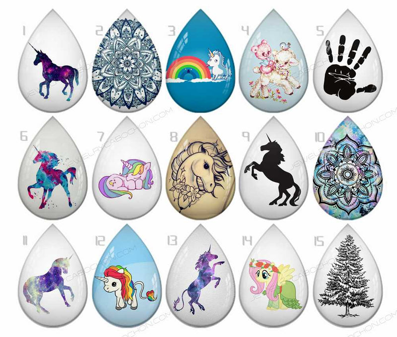 Handmade Teardrop Photo Glass Cabochons unicorn B596