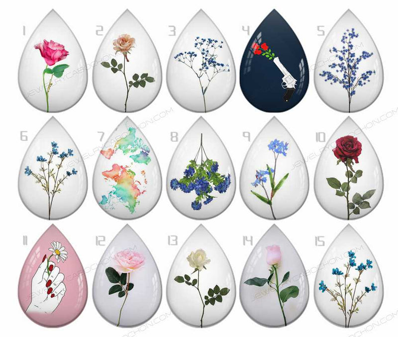 Handmade Teardrop Photo Glass Cabochons Plant flower B631