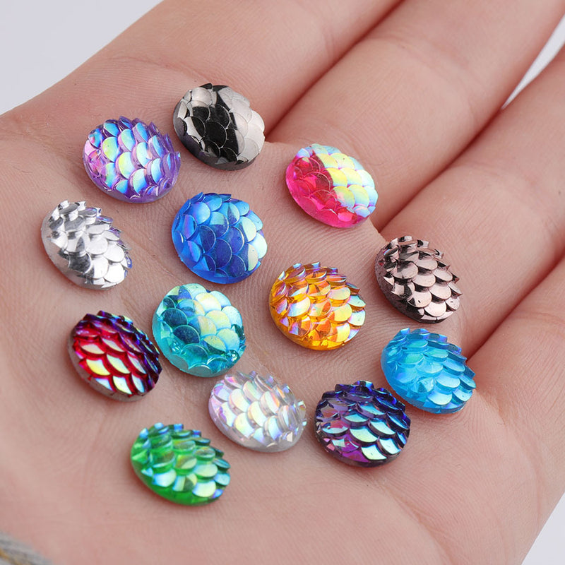 20pcs Resin 10mm Mermaid Cabochons, 10mm Fish Scale Dragon Snake Skin Cabochons