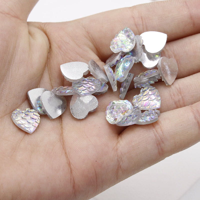 20pcs Heart 10mm Resin Mermaid Cabochons, Fish Scale Dragon Snake Skin 10mm Cabochons