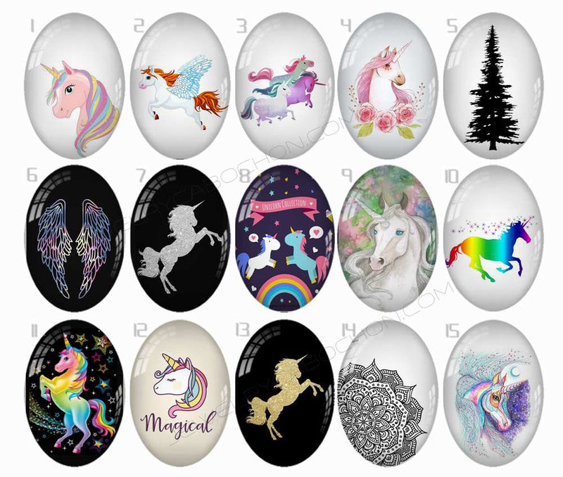 Handmade oval Photo Glass Cabochons unicorn B595