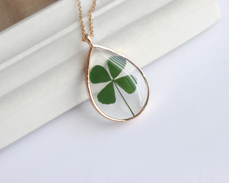 1pcs  Handmade Teardrop real Clover pressed flower pendant jewelry