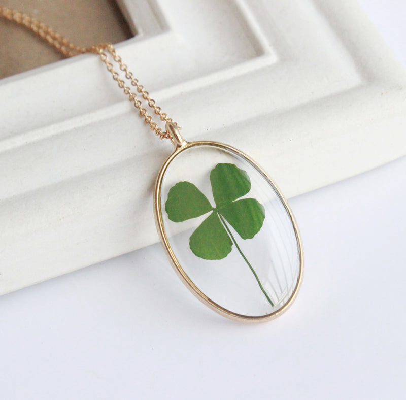 1pcs  Handmade Oval Clover pressed flower pendant jewelry