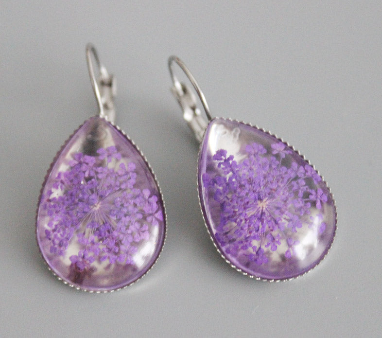 2pcs Resin 18x25mm Cabochons, purple lace Pressed flower necklace Pendant jewelry