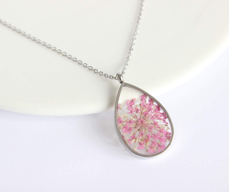 Teardrop Pressed Flower Pendant Necklace, Real Dried Flower Resin Jewellery