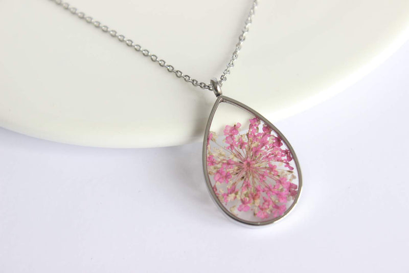 Teardrop Pressed Flower Pendant Necklace, Real Dried Flower Resin Jewellery