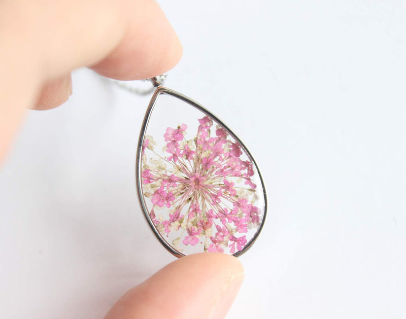 Teardrop Pressed Flower Pendant Necklace, Real Dried Flower Resin Jewellery