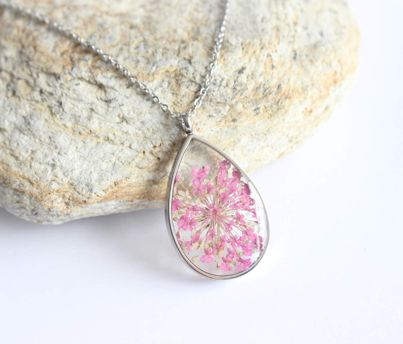 Teardrop Pressed Flower Pendant Necklace, Real Dried Flower Resin Jewellery