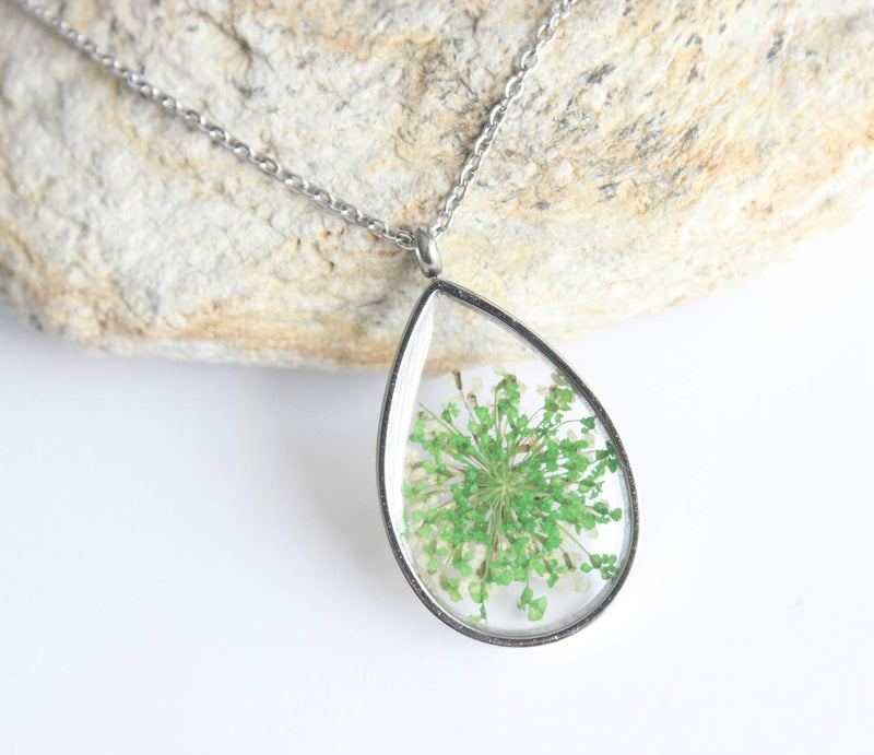 Teardrop Pressed Flower Pendant Necklace, Real Dried Flower Resin Jewellery