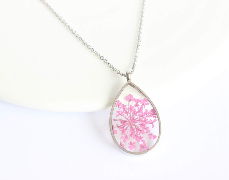 Teardrop Pressed Flower Pendant Necklace, Real Dried Flower Resin Jewellery