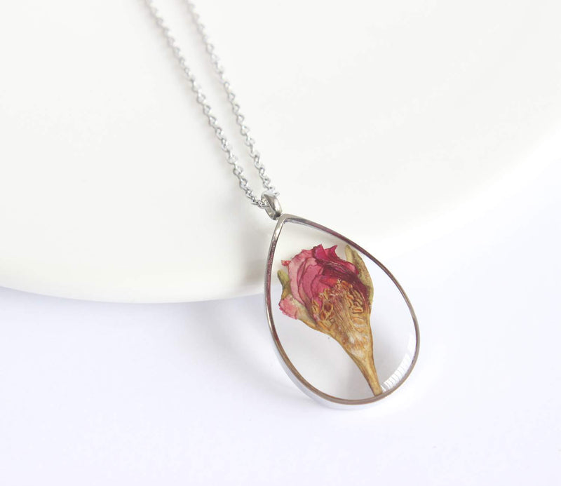 Teardrop Pressed Flower Pendant Necklace, Real Dried Flower Resin Jewellery