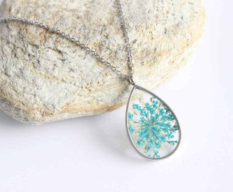 Teardrop Pressed Flower Pendant Necklace, Real Dried Flower Resin Jewellery