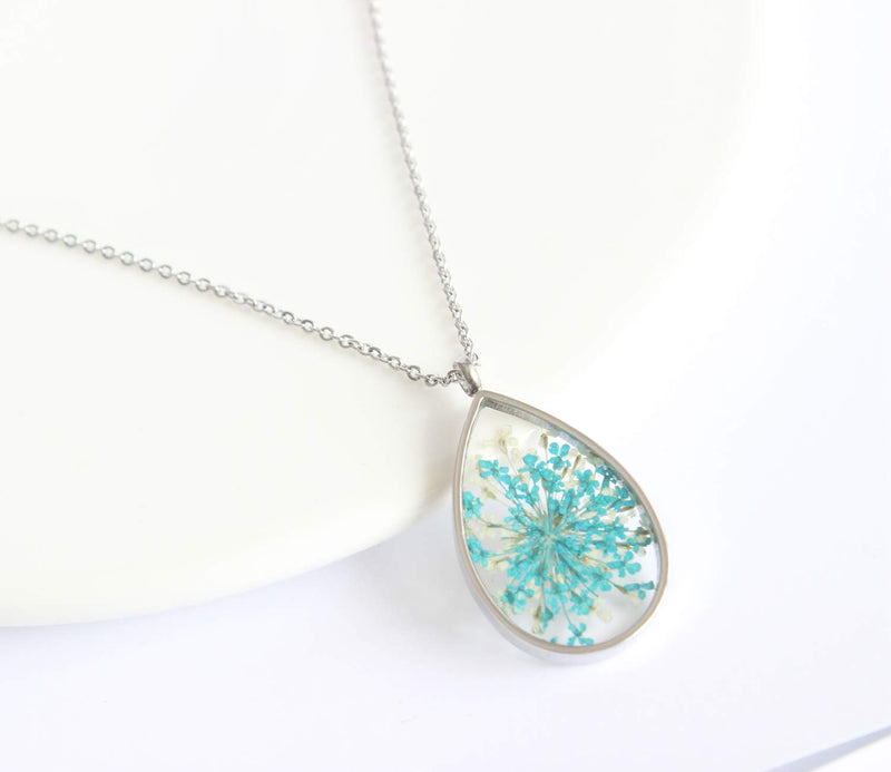 Teardrop Pressed Flower Pendant Necklace, Real Dried Flower Resin Jewellery