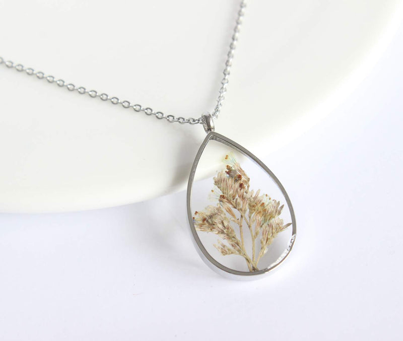 Teardrop Pressed Flower Pendant Necklace, Real Dried Flower Resin Jewellery