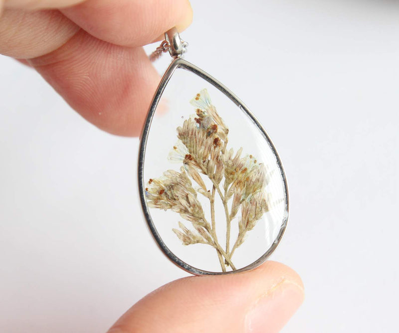 Teardrop Pressed Flower Pendant Necklace, Real Dried Flower Resin Jewellery