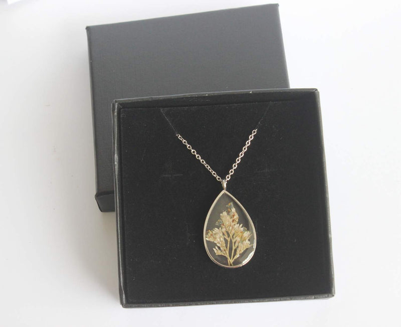 Teardrop Pressed Flower Pendant Necklace, Real Dried Flower Resin Jewellery