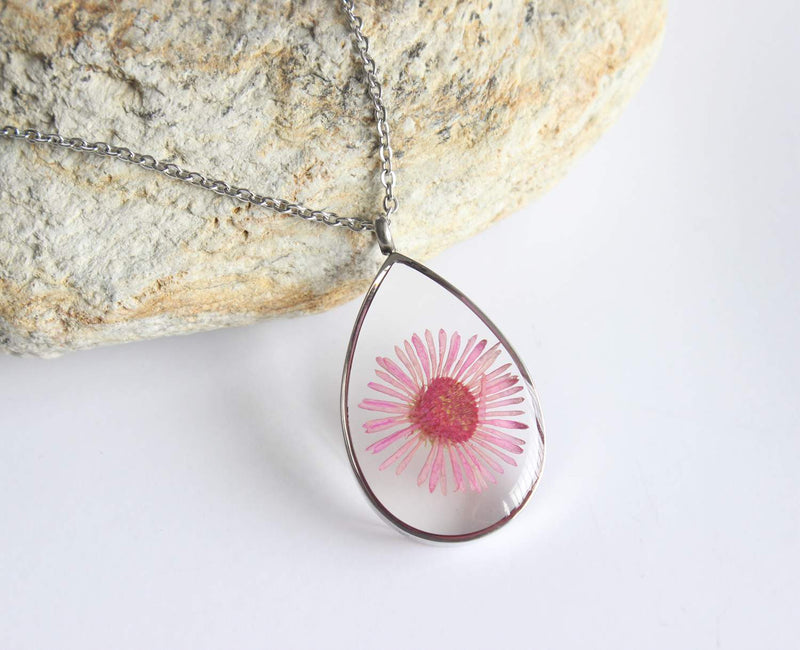 Teardrop Pressed Flower Pendant Necklace, Real Dried Flower Resin Jewellery