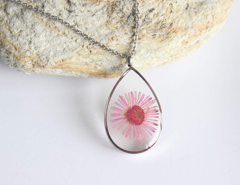 Teardrop Pressed Flower Pendant Necklace, Real Dried Flower Resin Jewellery