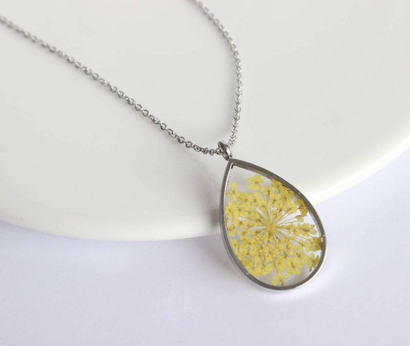 Teardrop Pressed Flower Pendant Necklace, Real Dried Flower Resin Jewellery