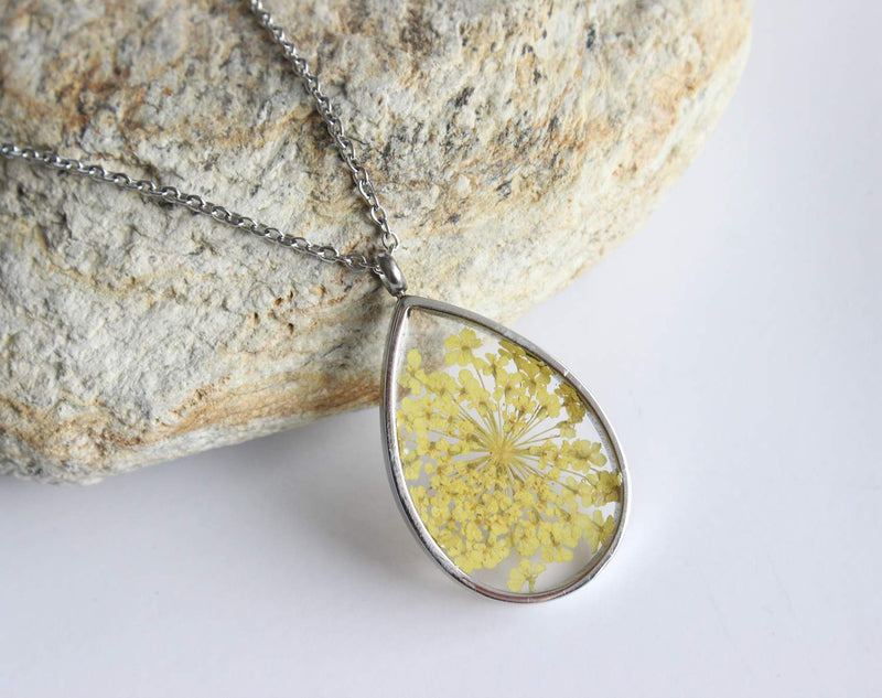 Teardrop Pressed Flower Pendant Necklace, Real Dried Flower Resin Jewellery