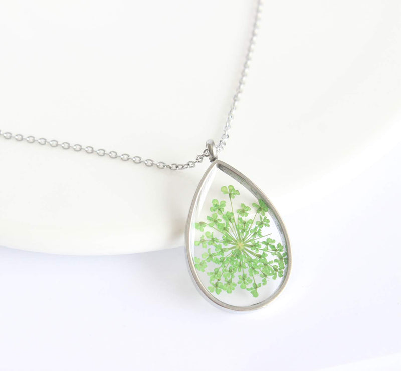 Teardrop Pressed Flower Pendant Necklace, Real Dried Flower Resin Jewellery