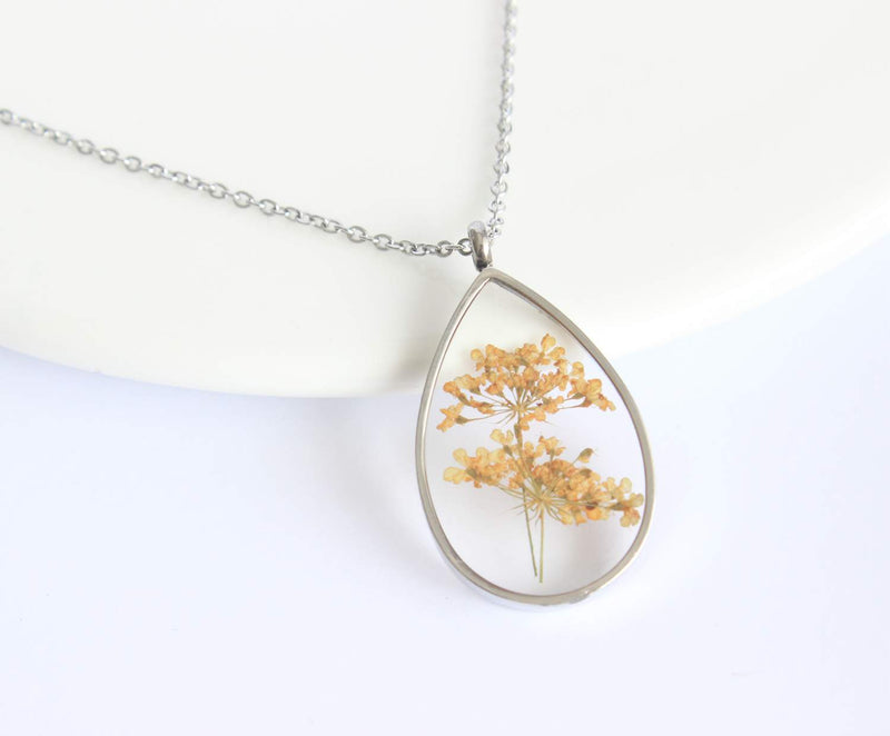 Teardrop Pressed Flower Pendant Necklace, Real Dried Flower Resin Jewellery