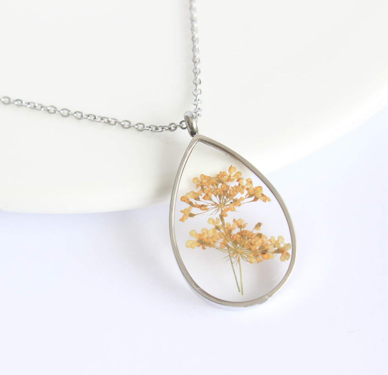 Teardrop Pressed Flower Pendant Necklace, Real Dried Flower Resin Jewellery