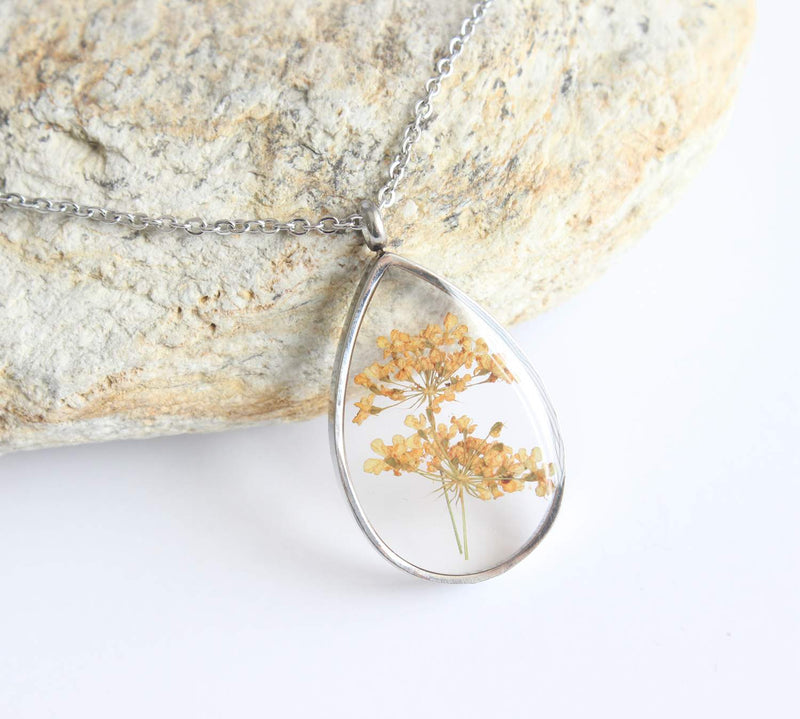 Teardrop Pressed Flower Pendant Necklace, Real Dried Flower Resin Jewellery