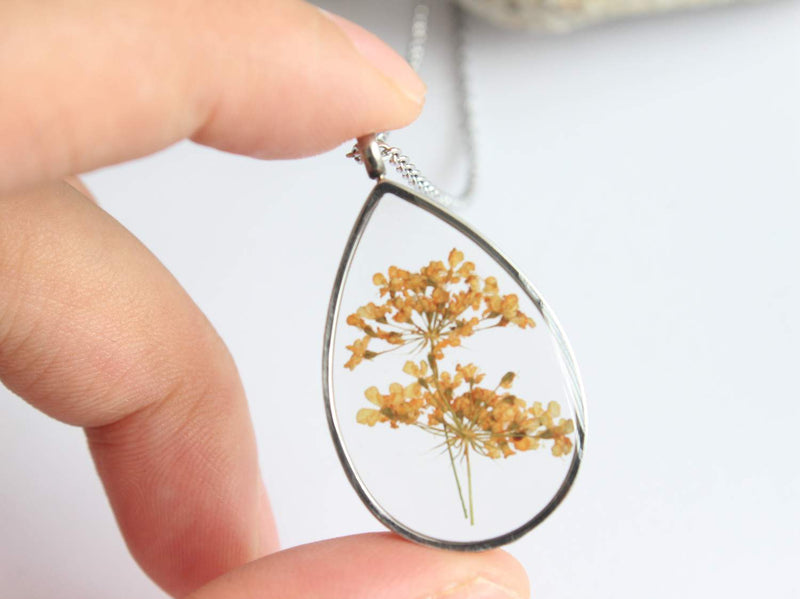 Teardrop Pressed Flower Pendant Necklace, Real Dried Flower Resin Jewellery