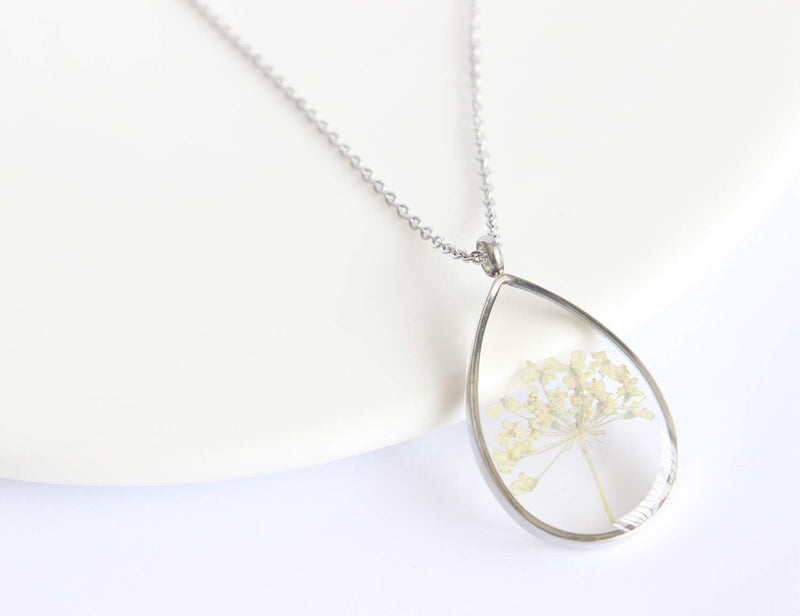 Teardrop Pressed Flower Pendant Necklace, Real Dried Flower Resin Jewellery