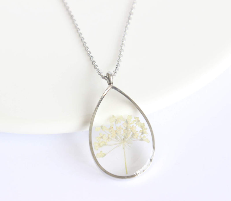 Teardrop Pressed Flower Pendant Necklace, Real Dried Flower Resin Jewellery