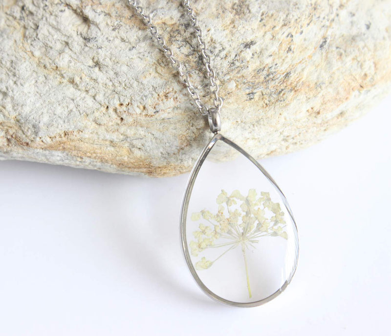 Teardrop Pressed Flower Pendant Necklace, Real Dried Flower Resin Jewellery