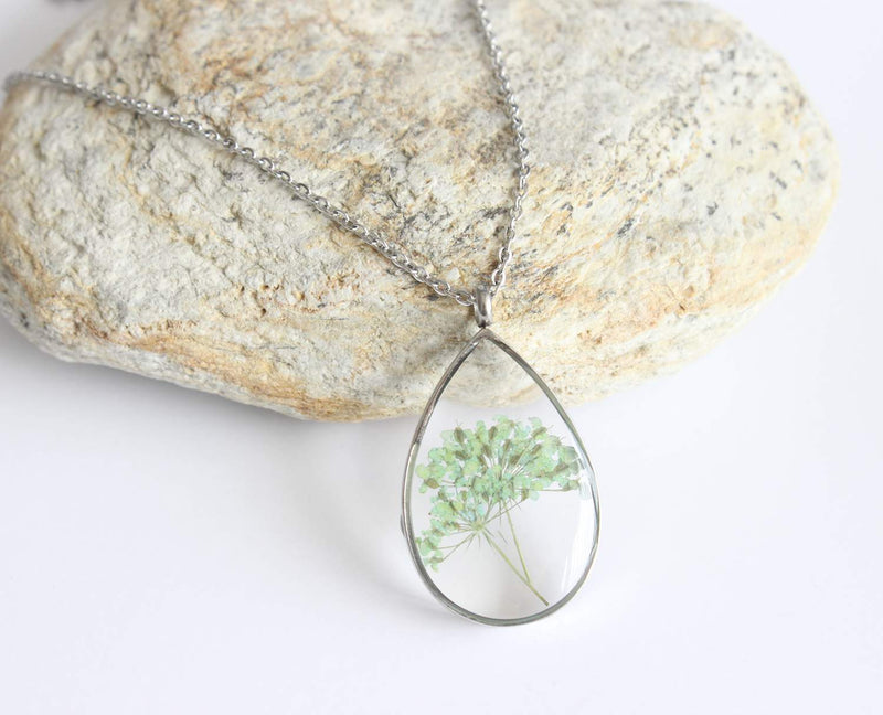 Teardrop Pressed Flower Pendant Necklace, Real Dried Flower Resin Jewellery