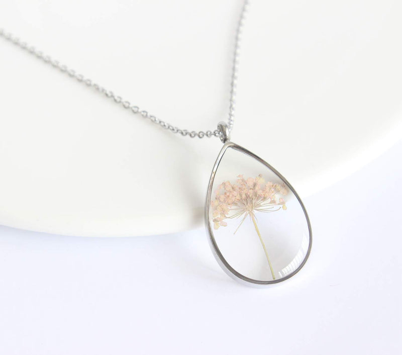 Teardrop Pressed Flower Pendant Necklace, Real Dried Flower Resin Jewellery