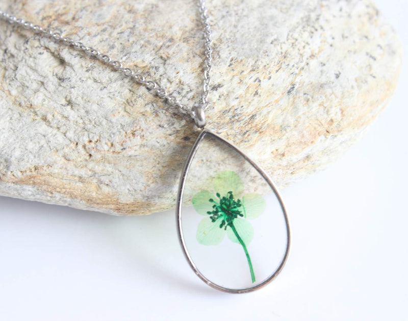 Teardrop Pressed Flower Pendant Necklace, Real Dried Flower Resin Jewellery