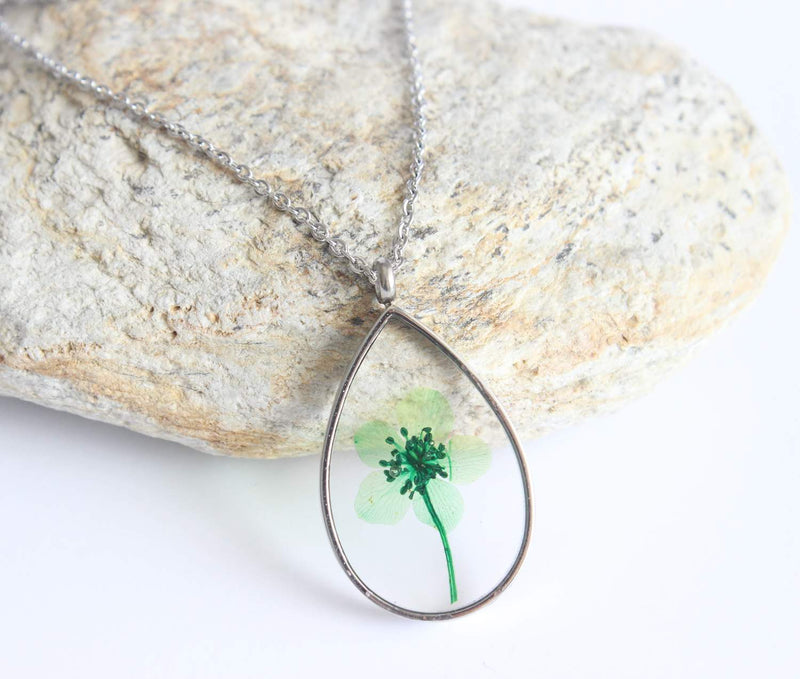 Teardrop Pressed Flower Pendant Necklace, Real Dried Flower Resin Jewellery