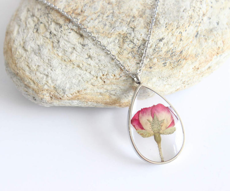 Teardrop Pressed Flower Pendant Necklace, Real Dried Flower Resin Jewellery