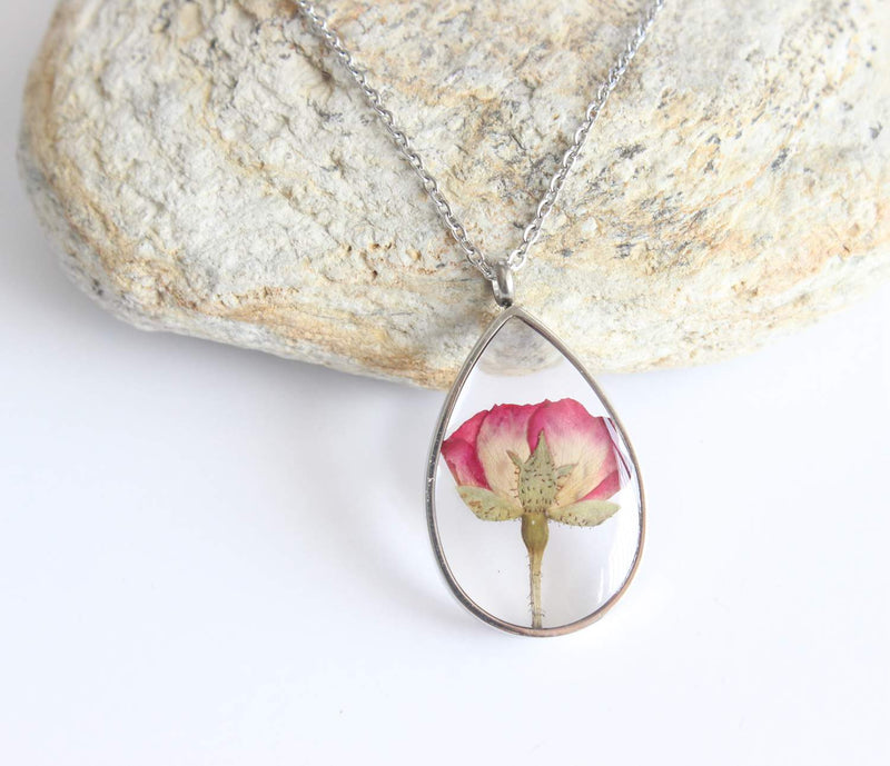 Teardrop Pressed Flower Pendant Necklace, Real Dried Flower Resin Jewellery