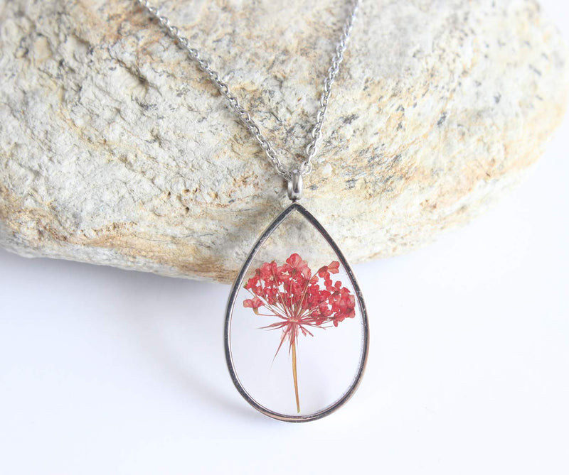 Teardrop Pressed Flower Pendant Necklace, Real Dried Flower Resin Jewellery