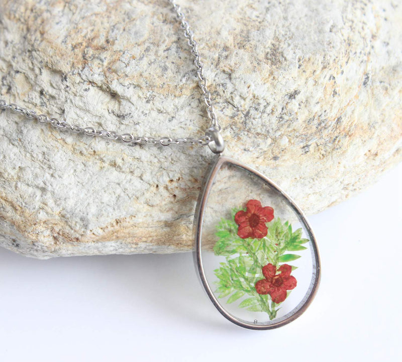 Teardrop Pressed Flower Pendant Necklace, Real Dried Flower Resin Jewellery