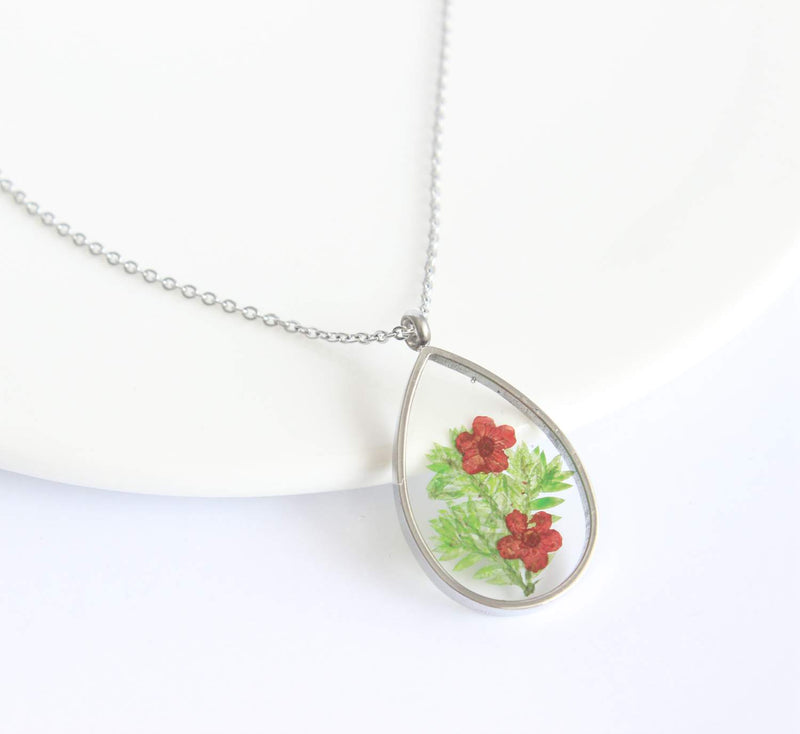 Teardrop Pressed Flower Pendant Necklace, Real Dried Flower Resin Jewellery