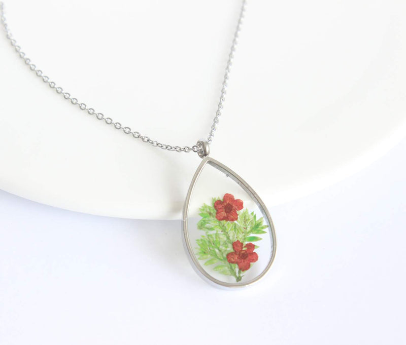 Teardrop Pressed Flower Pendant Necklace, Real Dried Flower Resin Jewellery