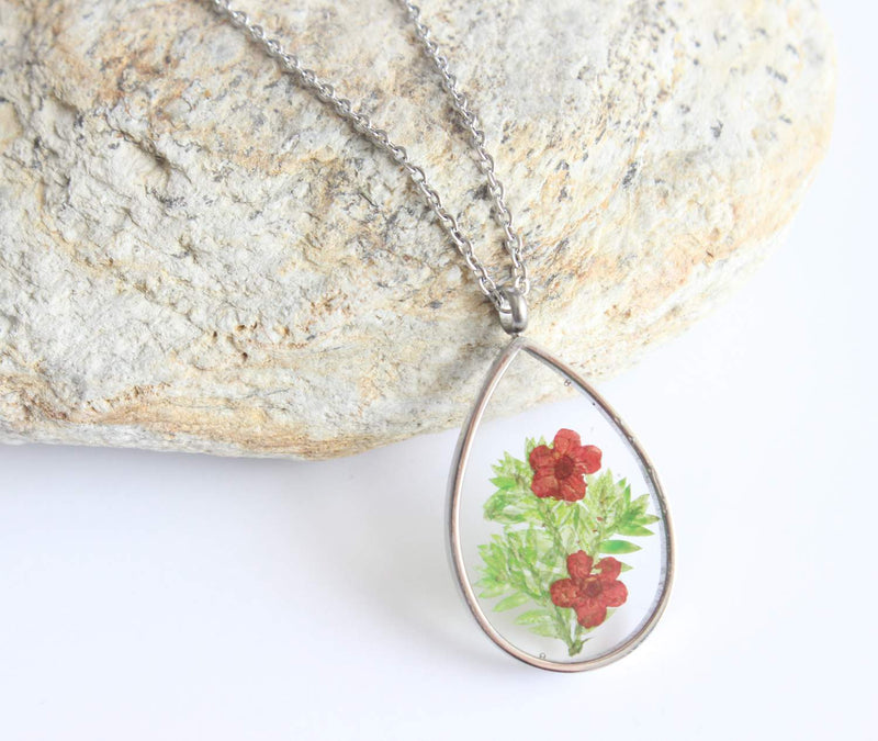 Teardrop Pressed Flower Pendant Necklace, Real Dried Flower Resin Jewellery